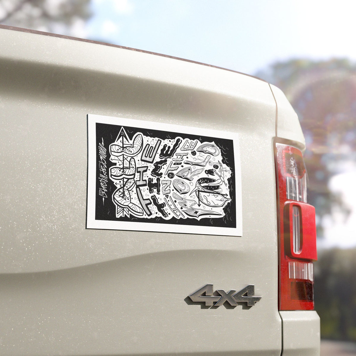 Abstract Black & White Doodle Car Magnet — Surreal Skate-Inspired Graphic