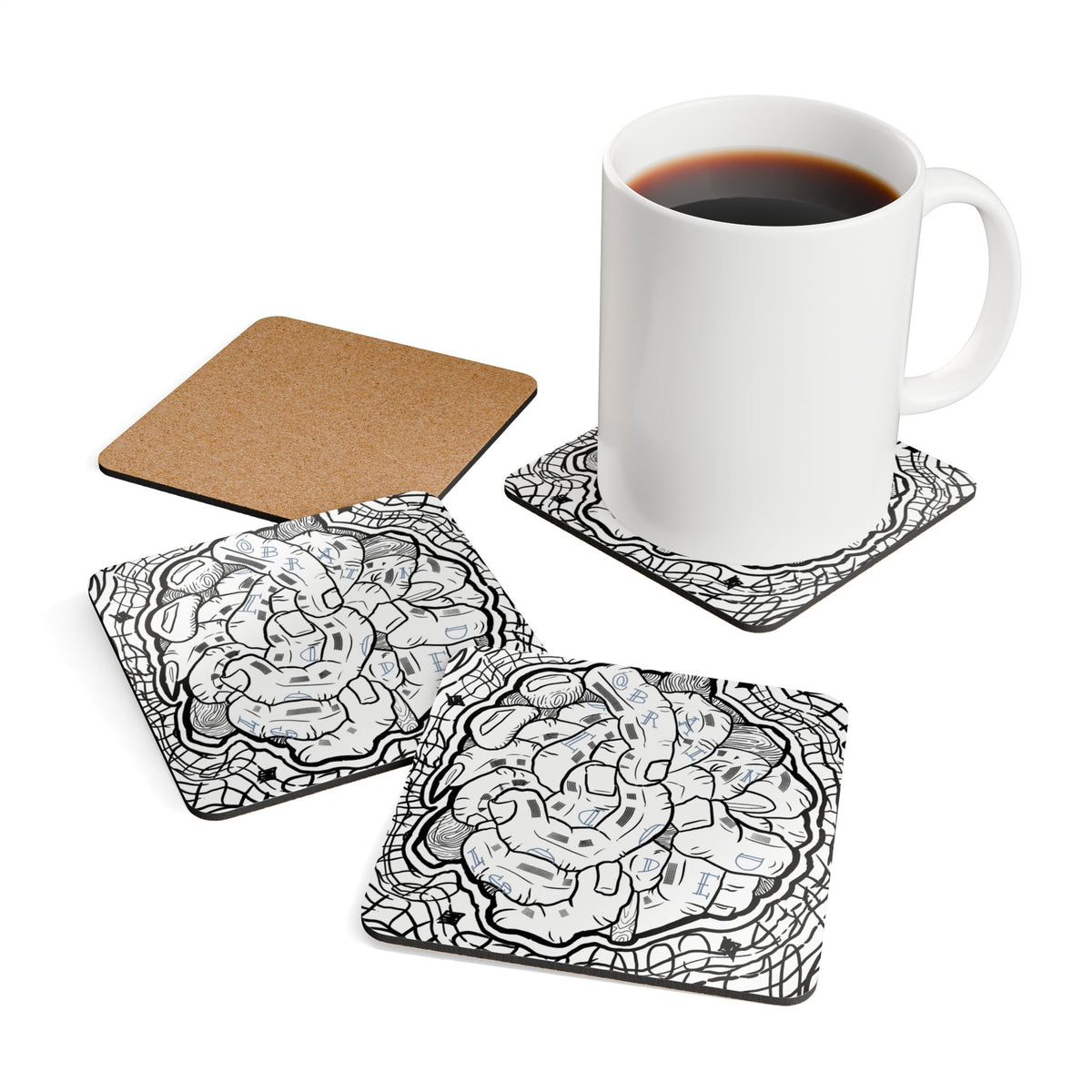 Brain Maze Cork Coaster Set — Abstract Hand-Drawn Illustration Drink Coasters