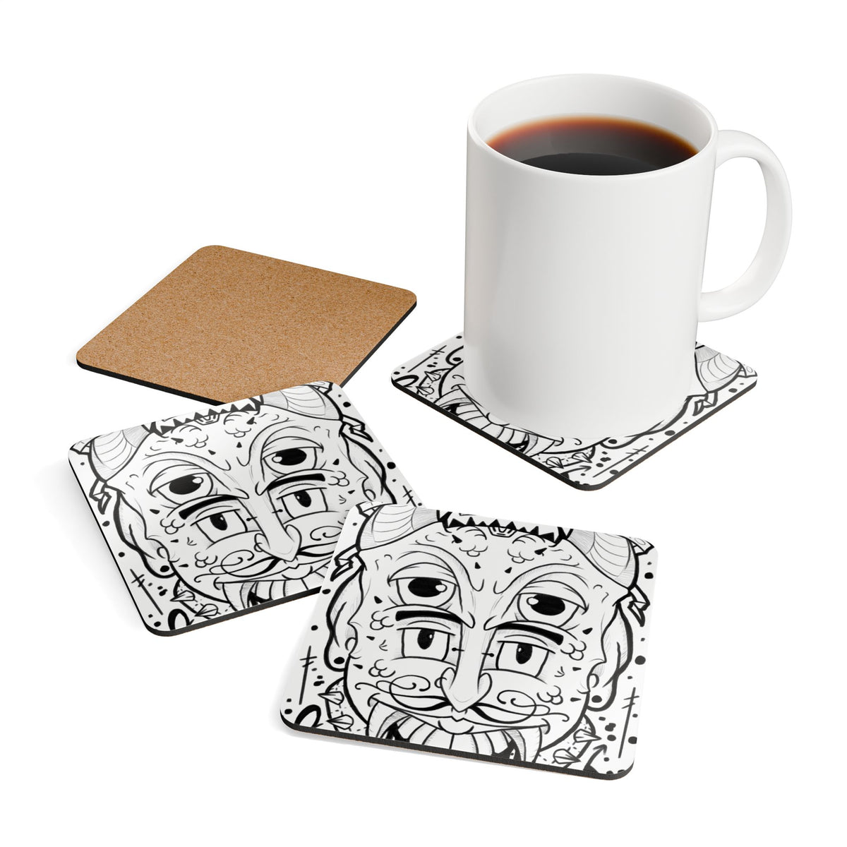 Punk Sketch Mask Corkwood Coaster Set — Surreal Line Art Decor (4-Pack)