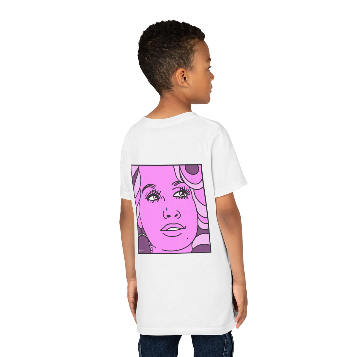 Youth Tee — Retro Pop Art Dolly Parton Face Graphic (Pink)