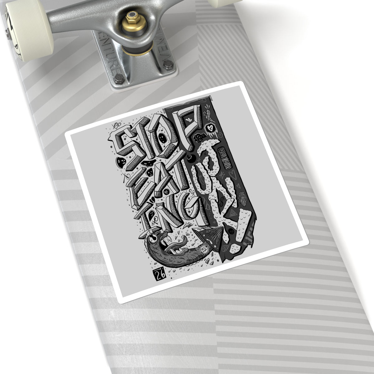 Square Sticker — Bold Black & White Graffiti 'Stop Eating Junk' Laptop Decal
