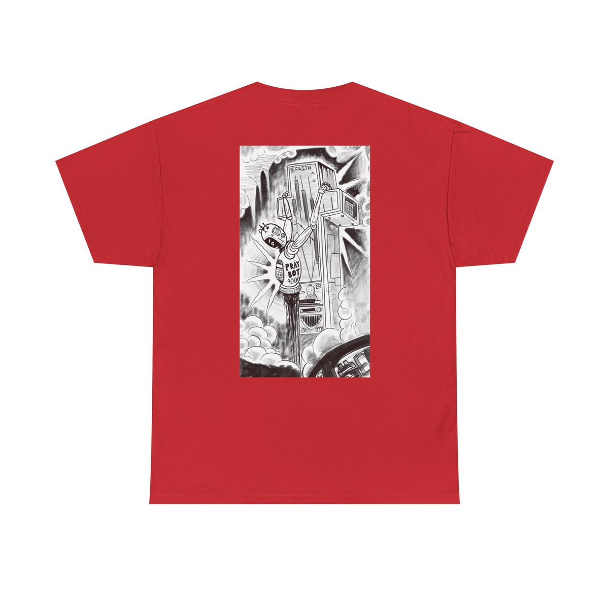 Graphic Novel Pocket & Back Print Tee — "Prayer Bot, Rock of Ages"