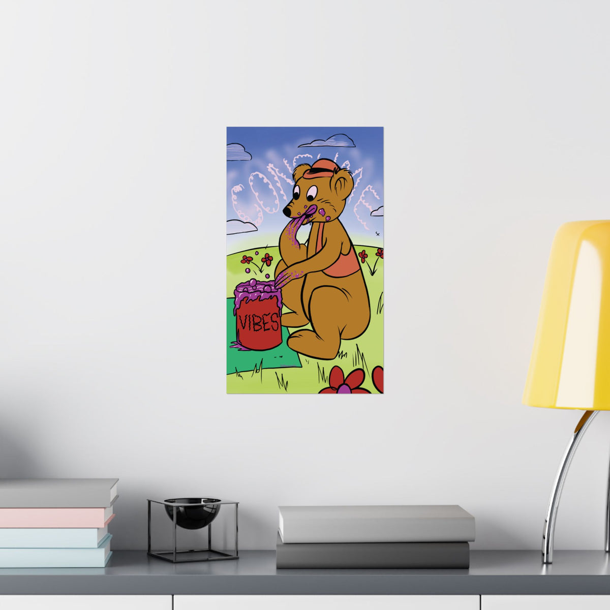 "VIBES" Cartoon Bear Matte Poster — Colorful Lowbrow Satire Art Print