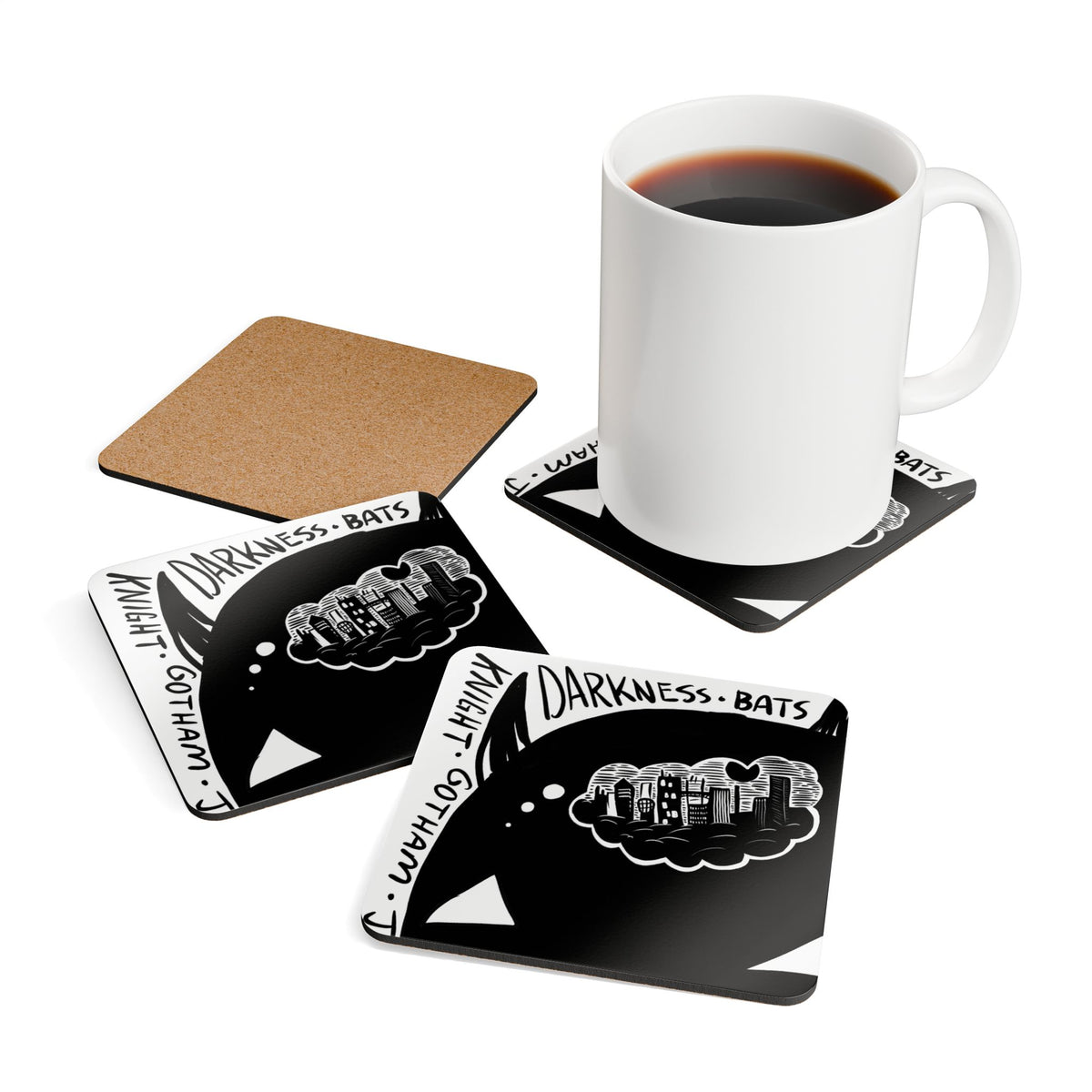 Gothic Bat City Cork Coaster Set — Darkness • Bats • Gotham Design