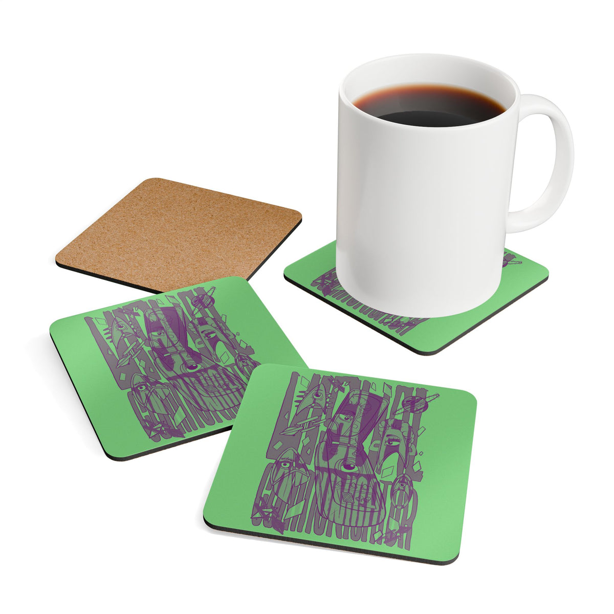 Visual Communicator Cork Coaster Set — Modern Green Pop Art Drink Coasters (4-Pack)