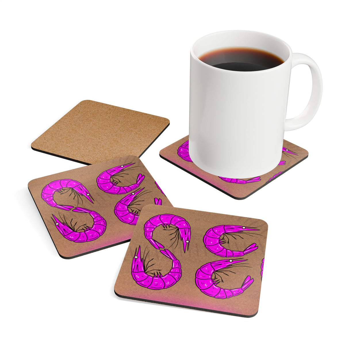 Pink Shrimp Cork Coaster Set — Coastal Kitchen Drink Coasters (4-Pack)