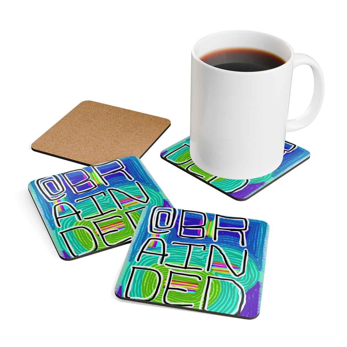 Cork Coaster Set — Bold 'BRAIN DED' Abstract Blue & Green Drink Coasters
