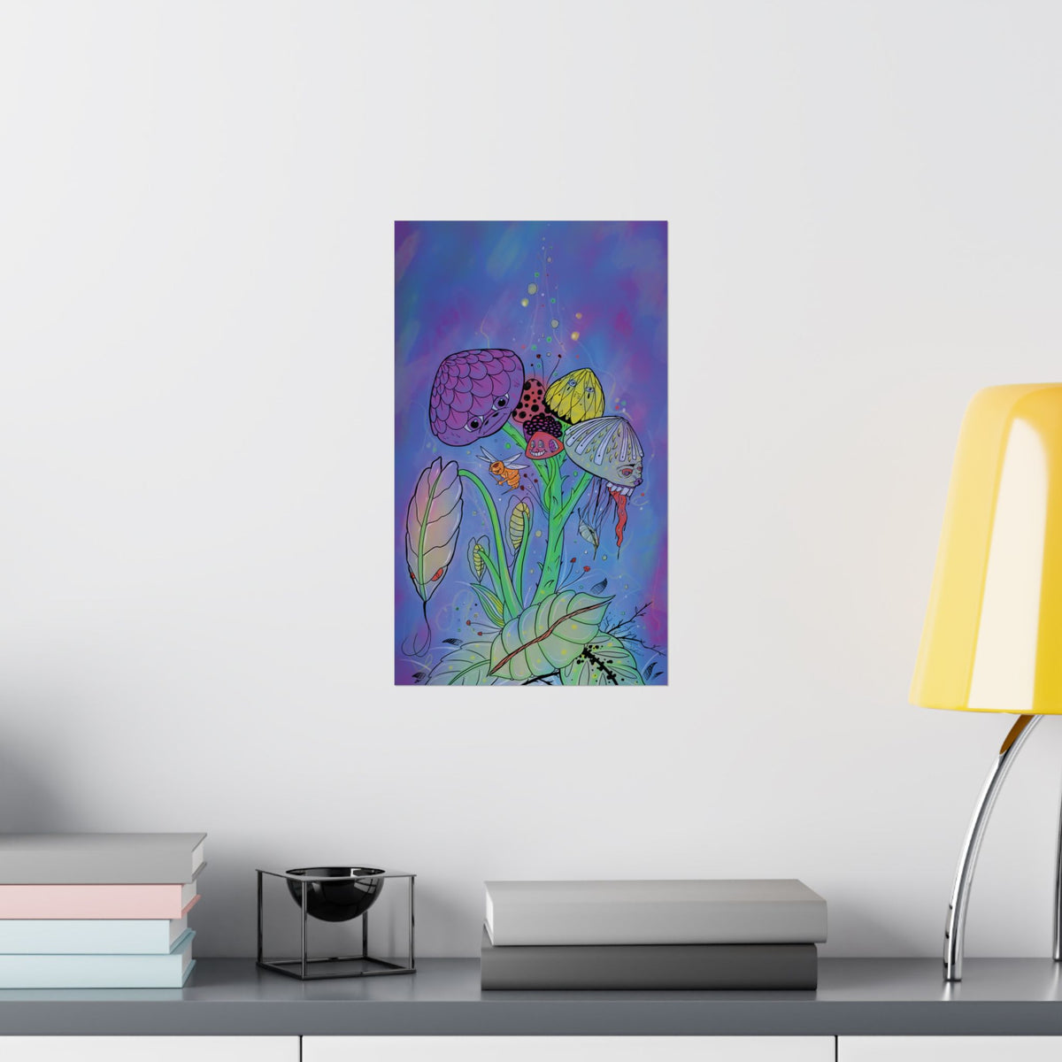 Psychedelic Mushroom Garden Matte Poster — Vertical Botanical Art Print