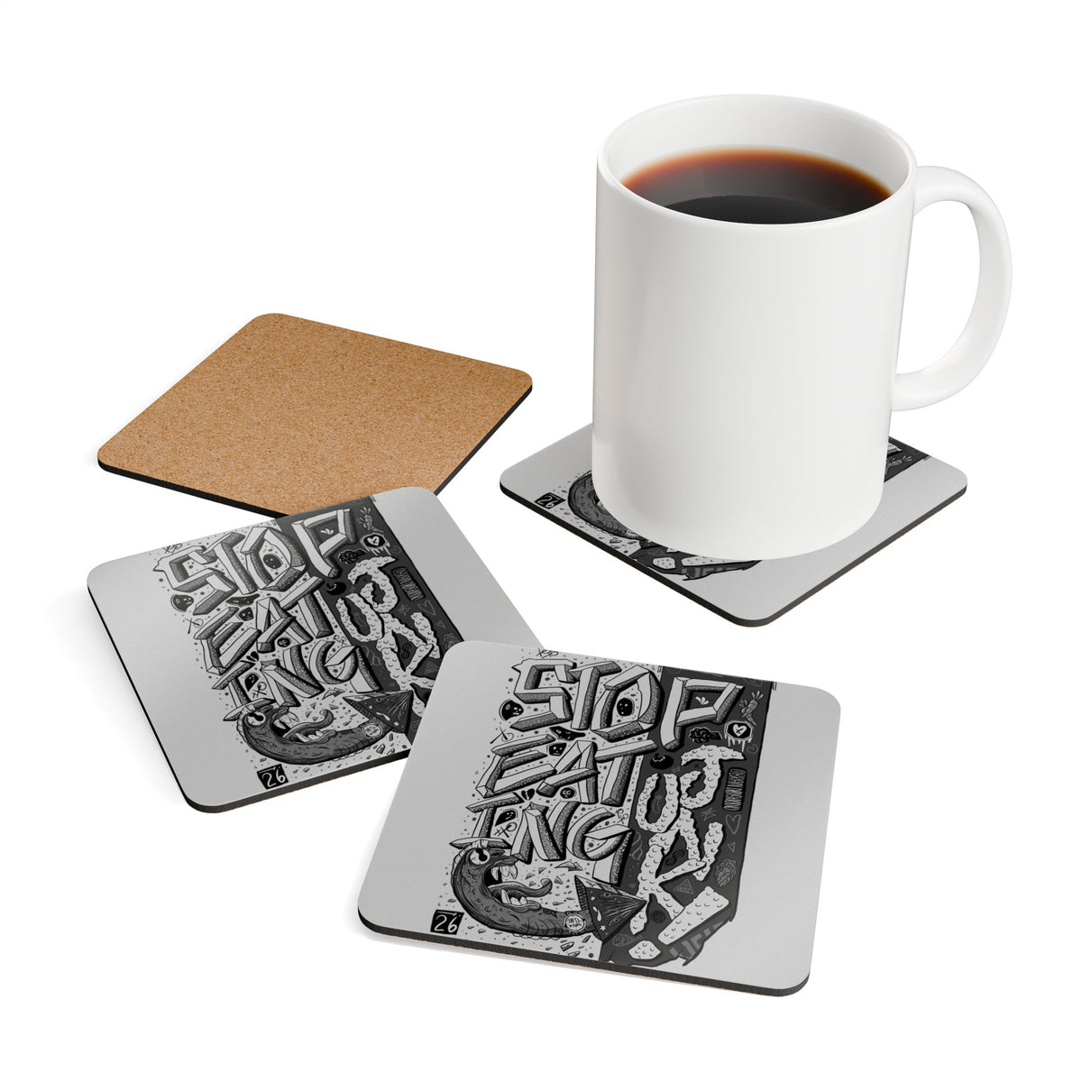 Cork Coaster Set — 'Stop Eating Junk' Black & White Graphic Drink Coasters