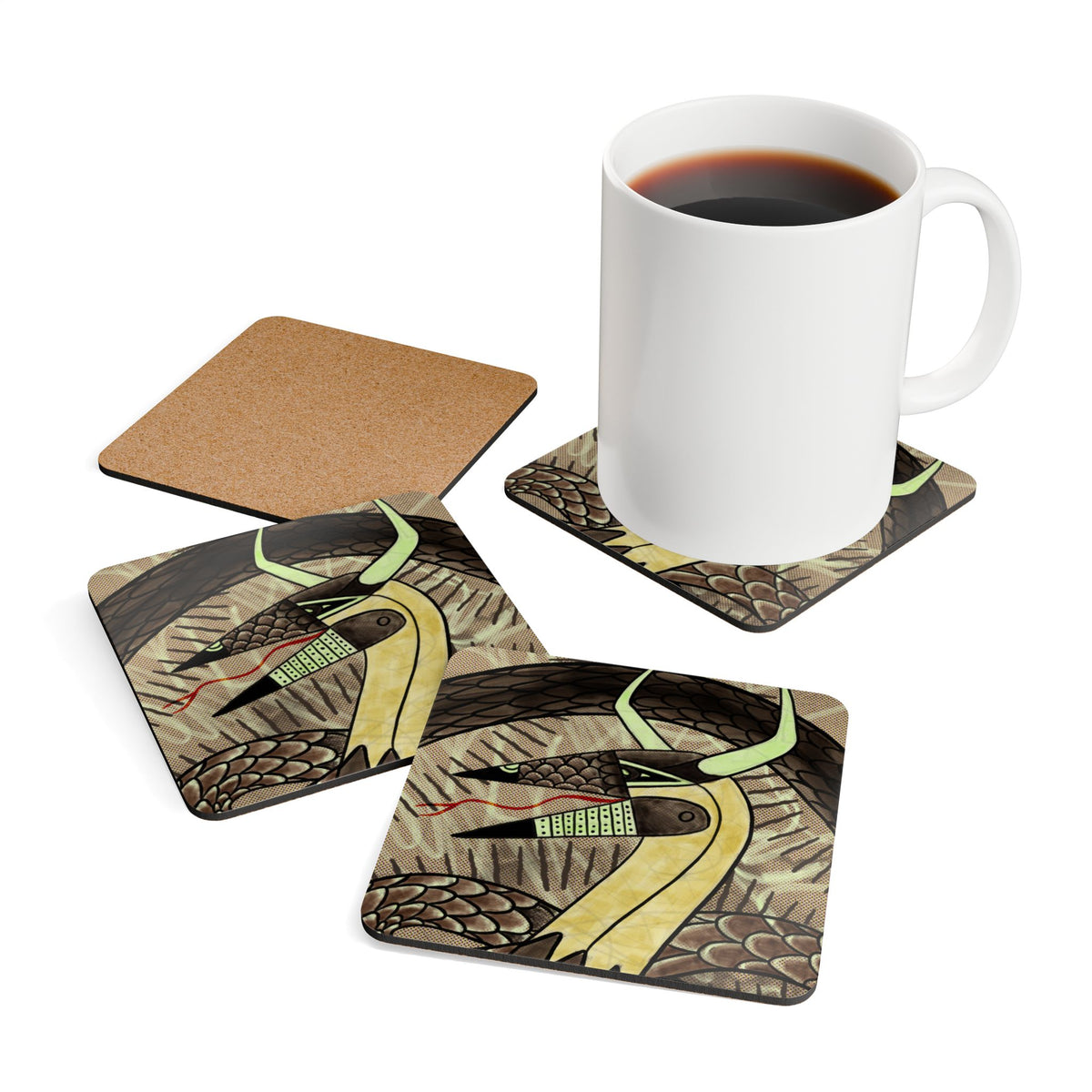 Dragon Art Cork Coaster Set — Mythical Snake-Dragon Illustration Drink Coasters (4-Pack)