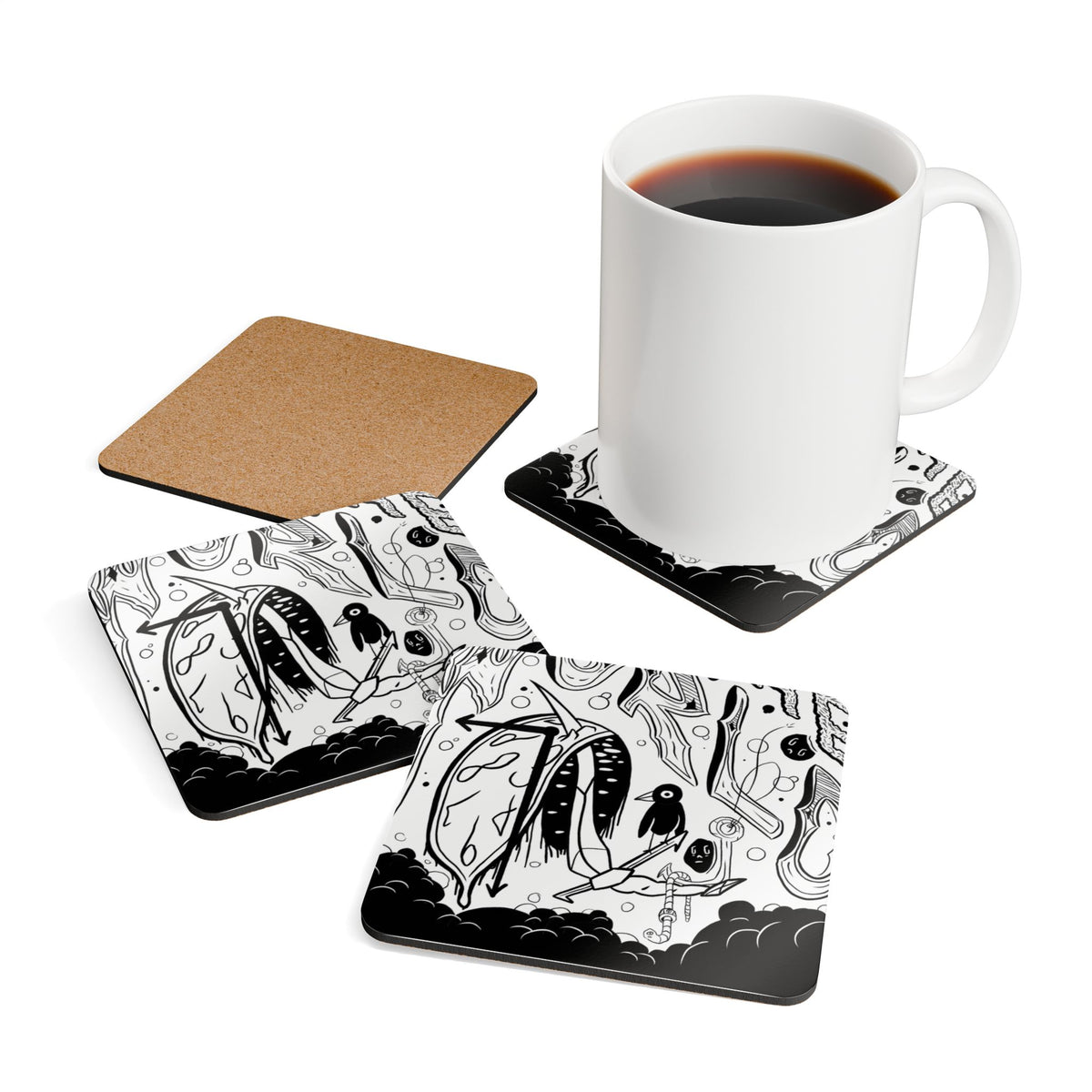 Abstract Black & White Cork Coaster Set — Surreal Doodle Drink Coasters (Set of 4)