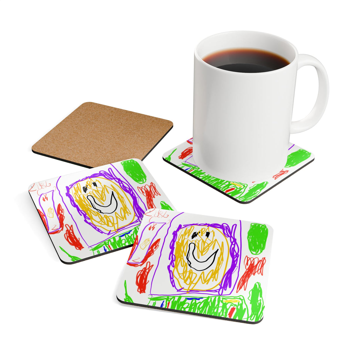 Hand‑Drawn Kid Art Cork Coaster Set — Colorful Smiley Face Design (4-Pack)