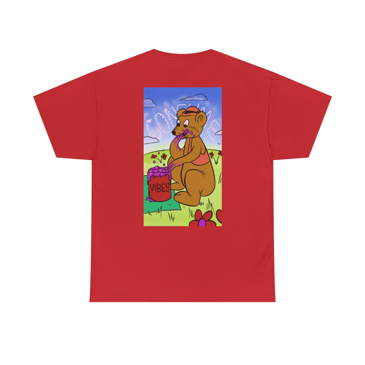 "VIBES" Cartoon Bear Graphic Tee — Colorful Lowbrow Satire Back Print Shirt