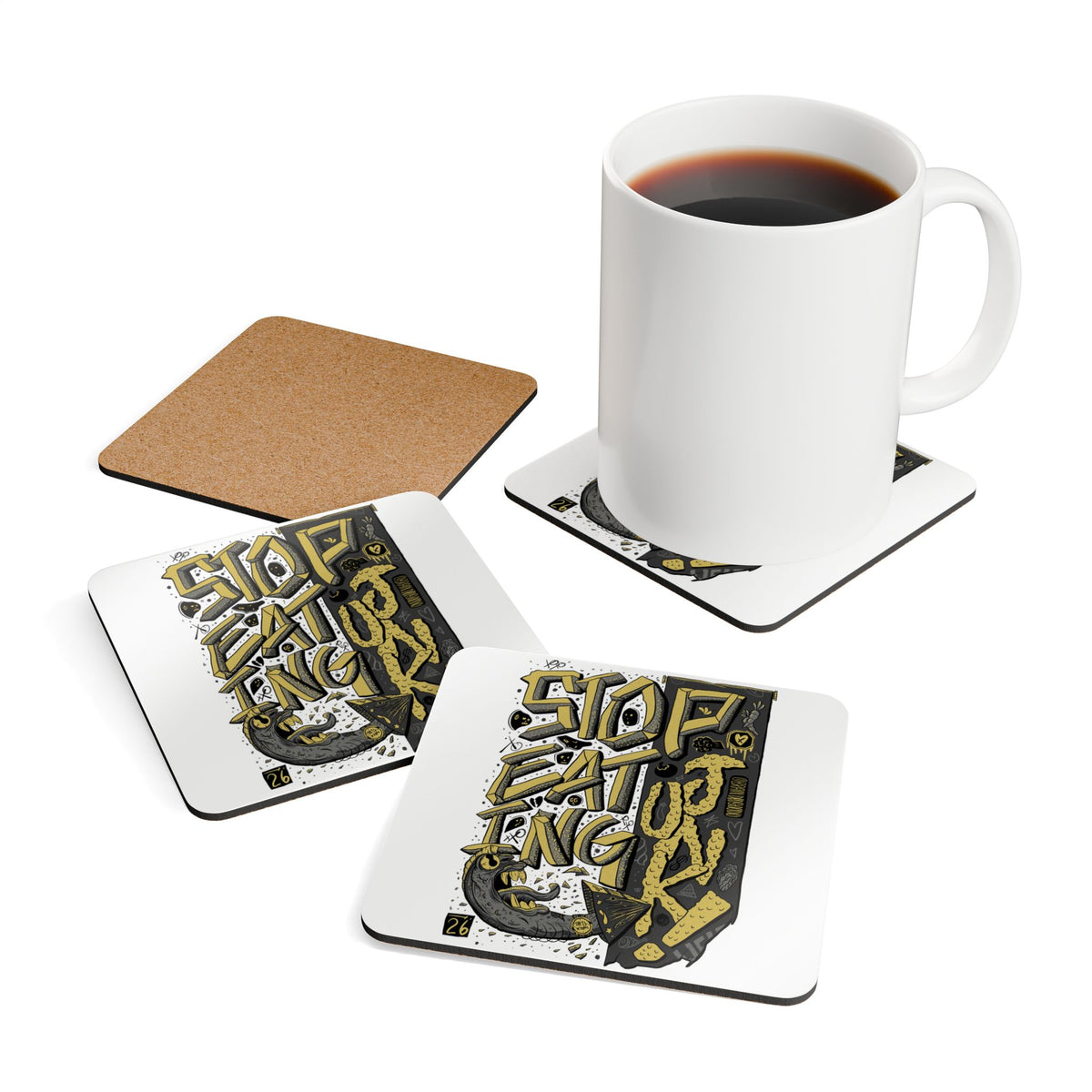 Cork Coaster Set — "Stop Eating Junk" Retro Street-Art Drink Coasters (4-Pack)