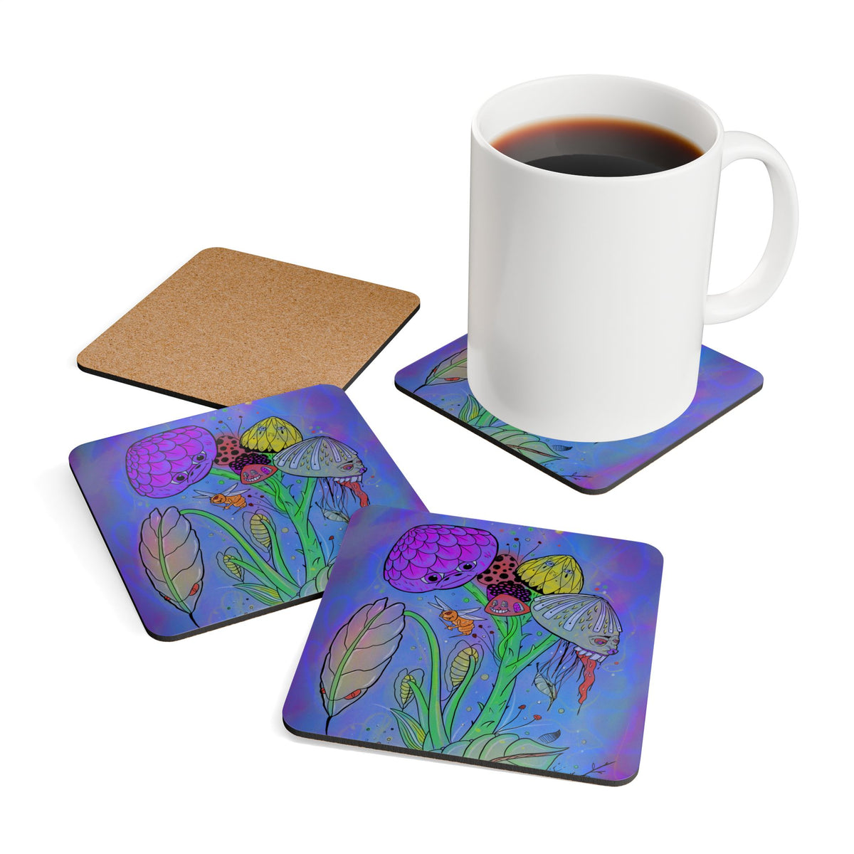 Psychedelic Mushroom Garden Cork Coaster Set — Colorful Fantasy Drink Coasters