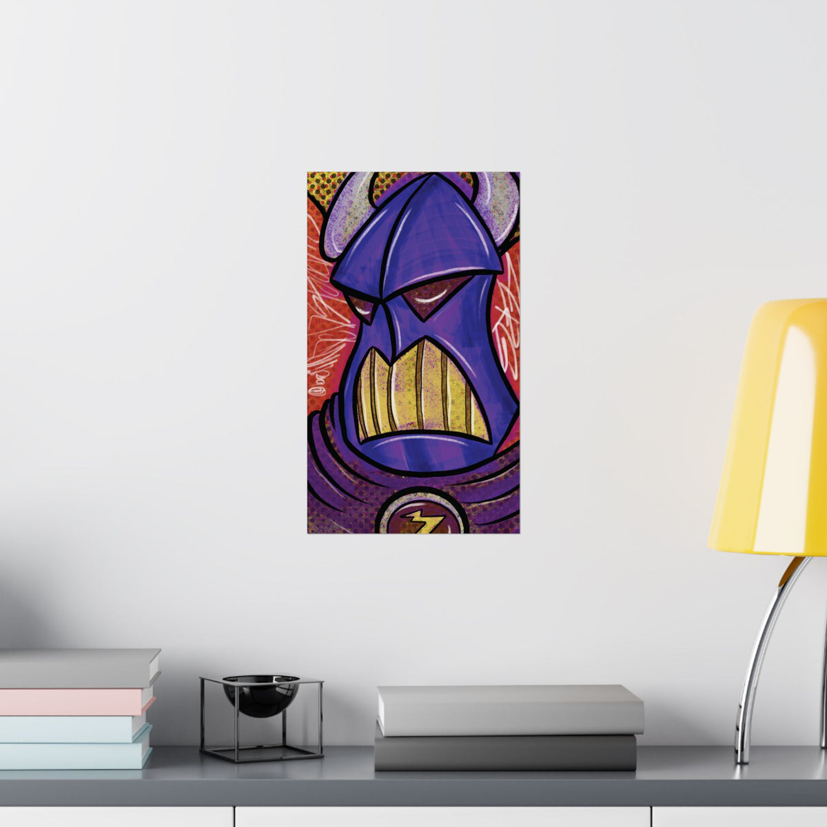 Purple Supervillain Helmet Matte Poster — Vertical Pop Art Wall Print