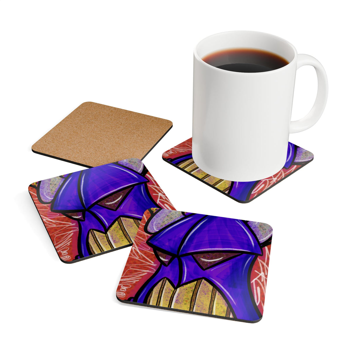 Purple Viking Helmet Cork Coaster Set — Bold Norse Art Drink Coasters