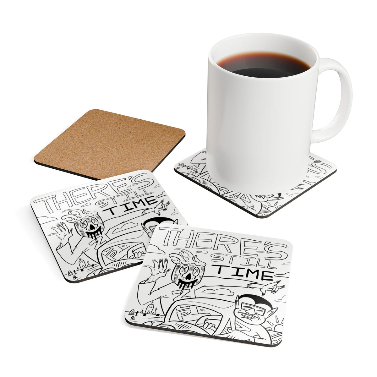 Cork Coaster Set — 'There's Still Time' Black & White Sketch Drink Coasters