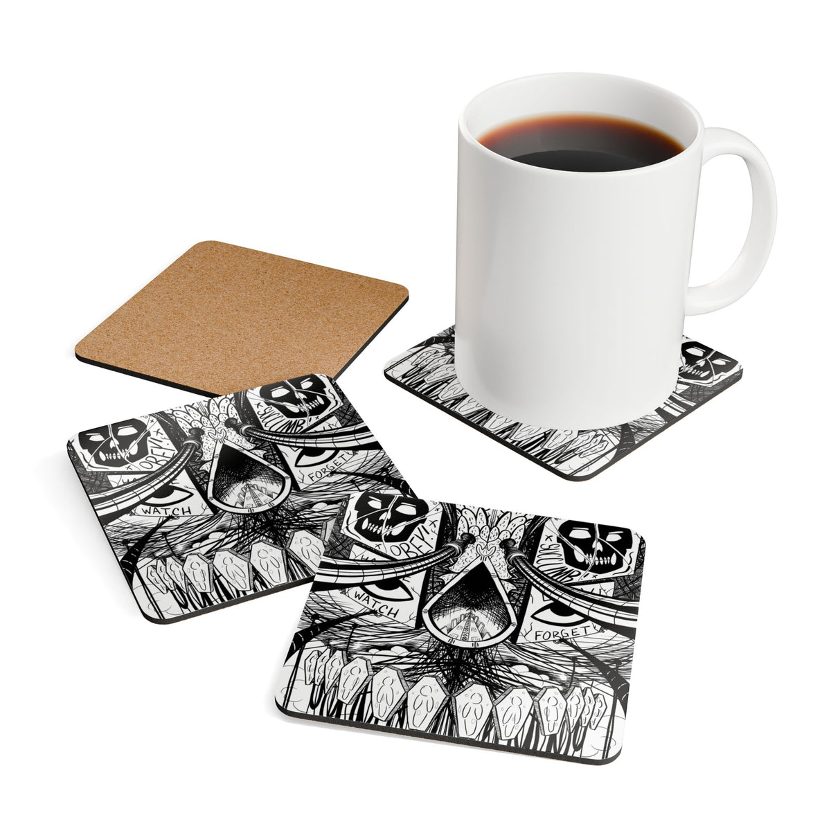 "OBEY & SUCCUMB" Gothic Dystopian Corkwood Coaster Set — Cyberpunk Line Art (4-Pack)