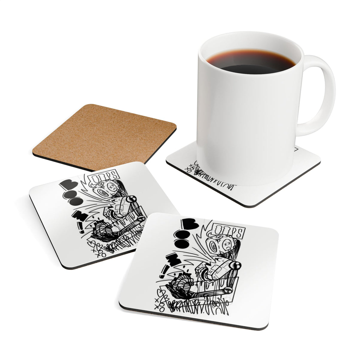 Cork Coaster Set — Punk Sketch Robot Illustration Drink Coasters (4-Pack)