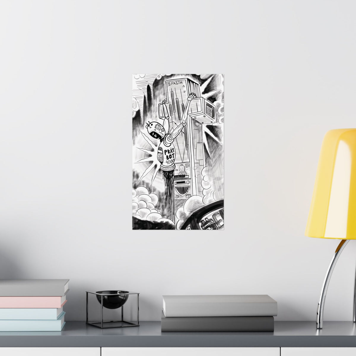 Retro Robot Poster — Black & White Matte Vertical Art Print (Pray Bot 9000)