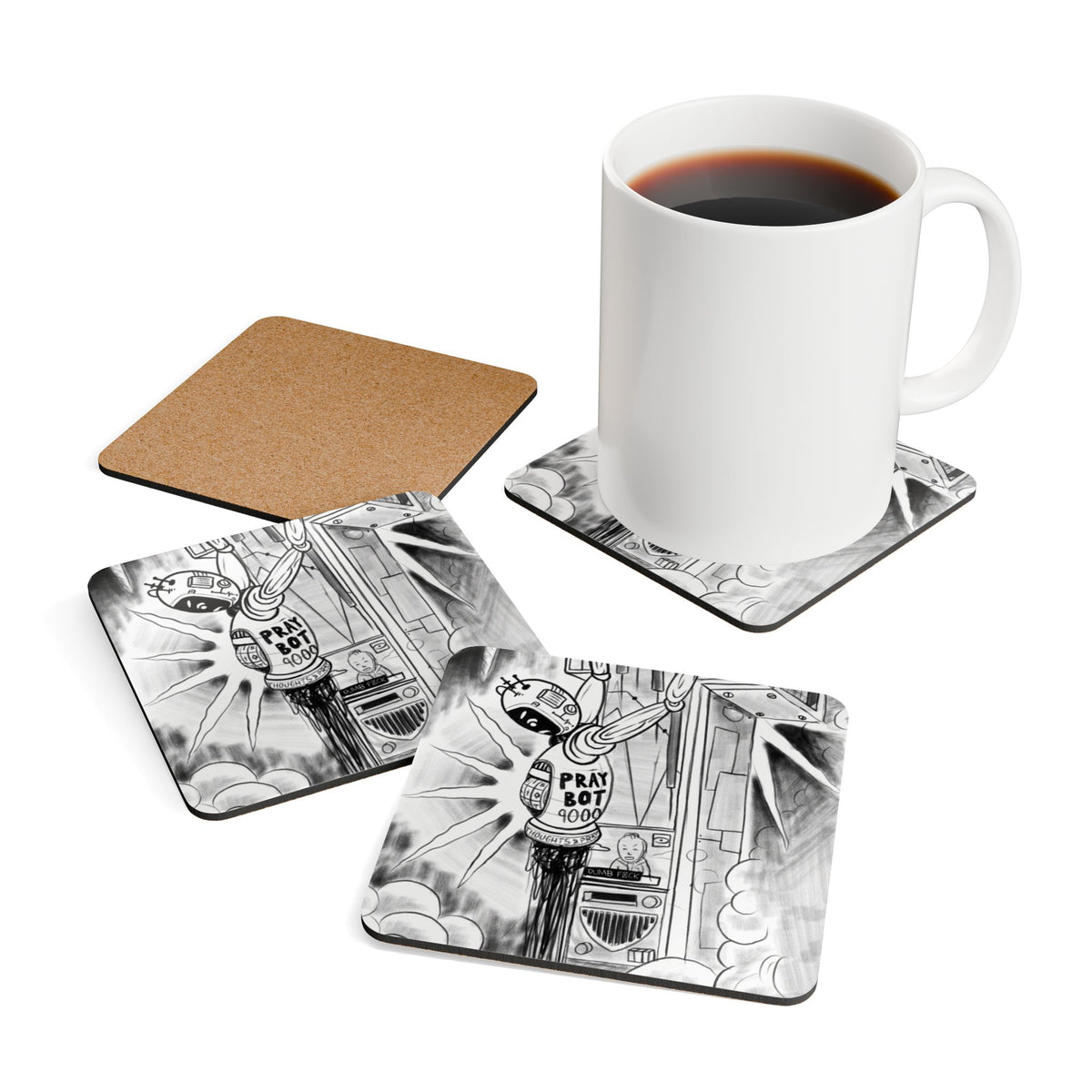 Pray Bot 9000 Cork Coaster Set — Retro Robot Comic Drink Coasters (4-Pack)
