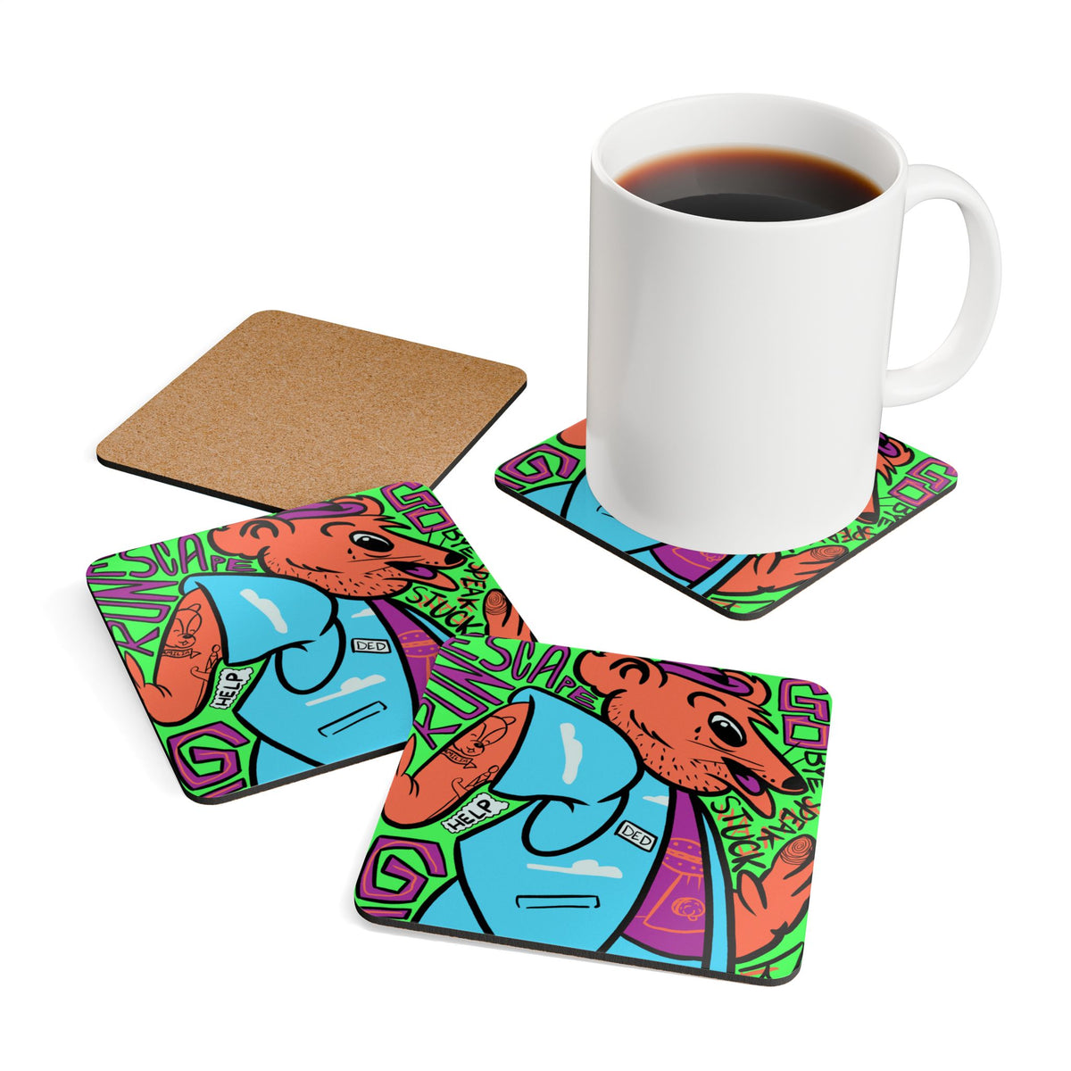 Vibrant Retro Rat Cork Coaster Set — Colorful Pop Art Drink Coasters