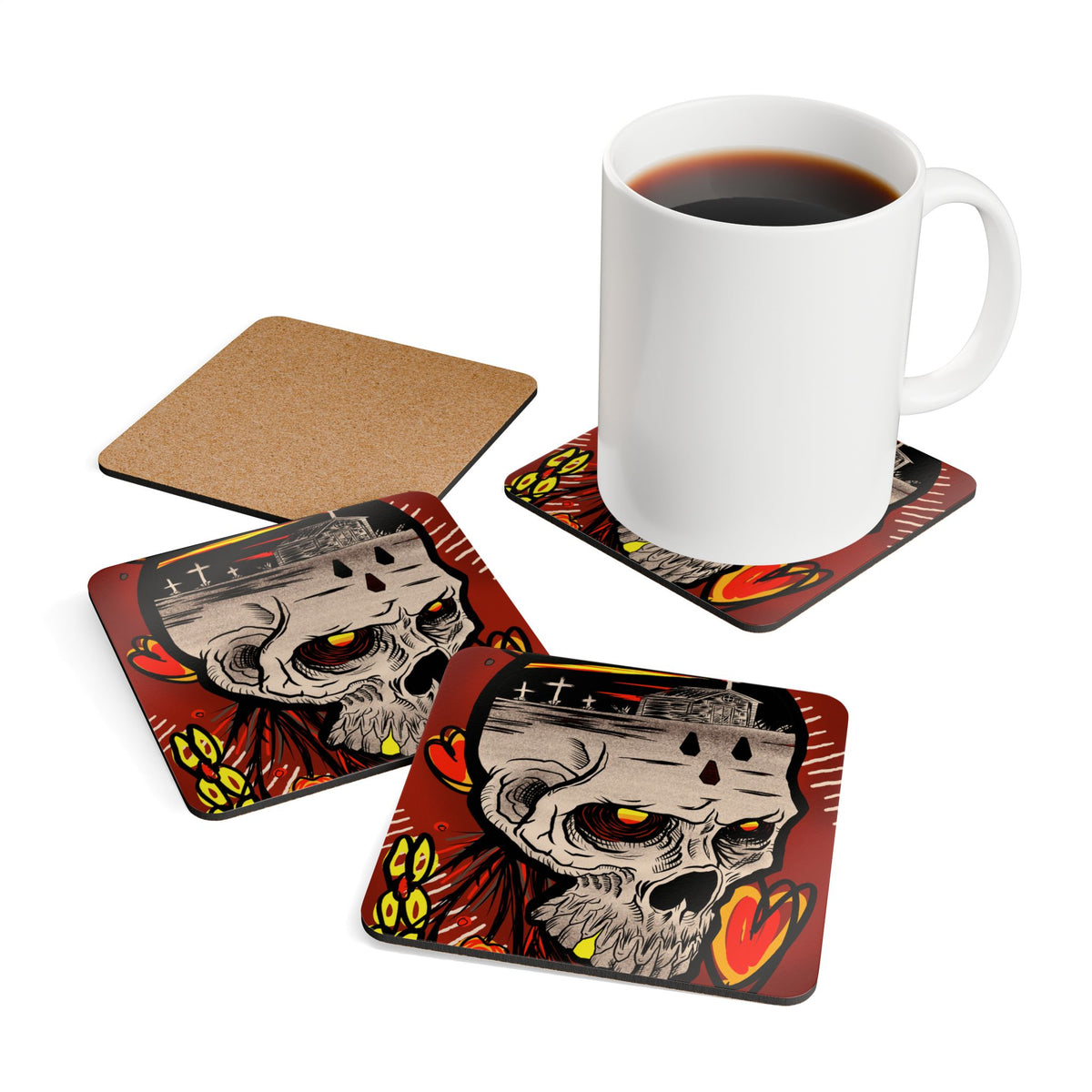 Gothic Skull Landscape Corkwood Coaster Set — Post-Punk Art Decor