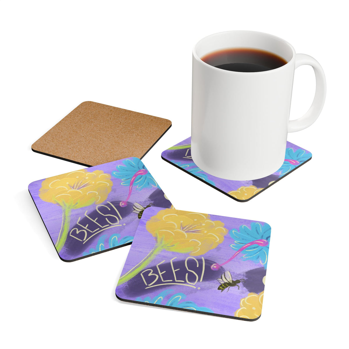 Bee Floral Cork Coaster Set — 'BEES!' Garden Cocktail Coasters (4-Pack)