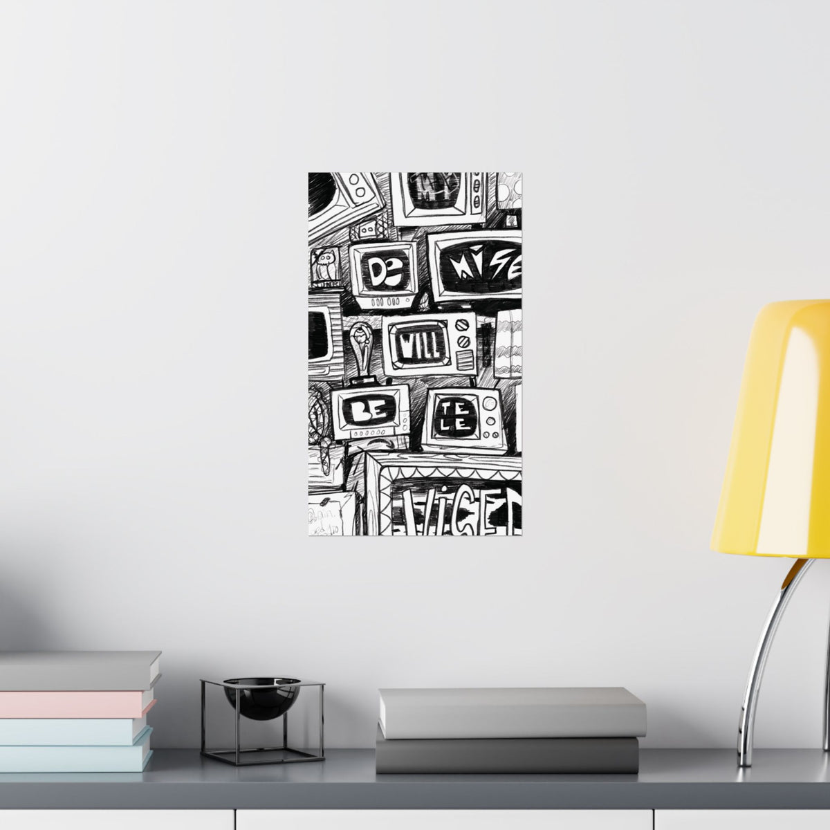 Retro TV Stack Matte Vertical Poster — Black & White Street Art Illustration