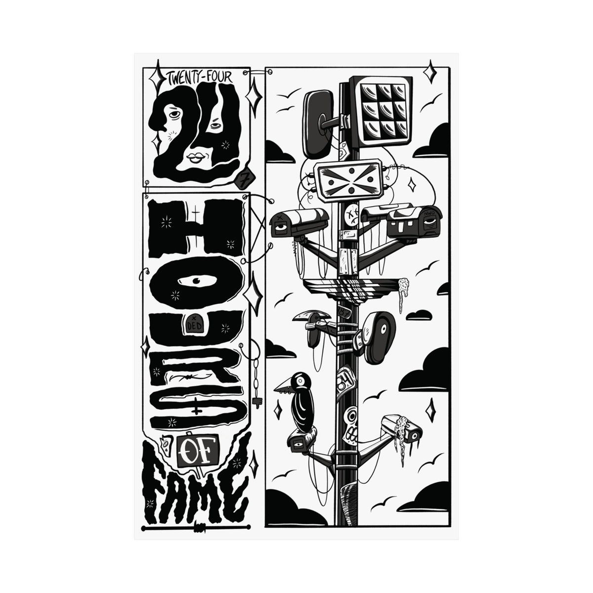 Black & White '24hrs of Fame' Matte Vertical Poster – Retro Telecom Art Print