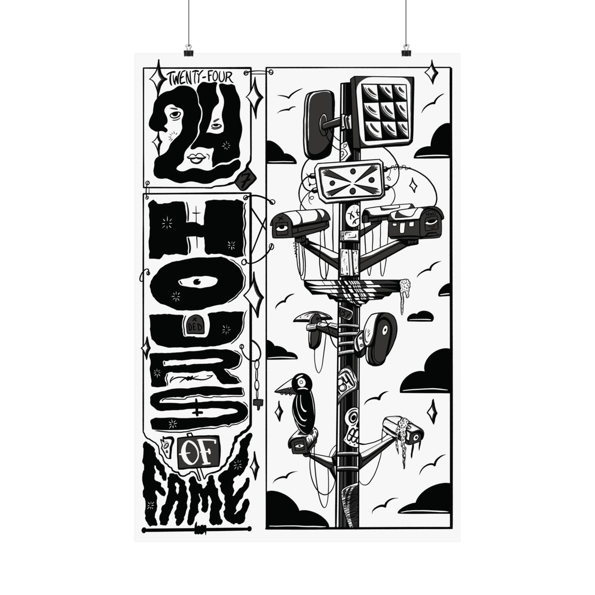Black & White '24hrs of Fame' Matte Vertical Poster – Retro Telecom Art Print