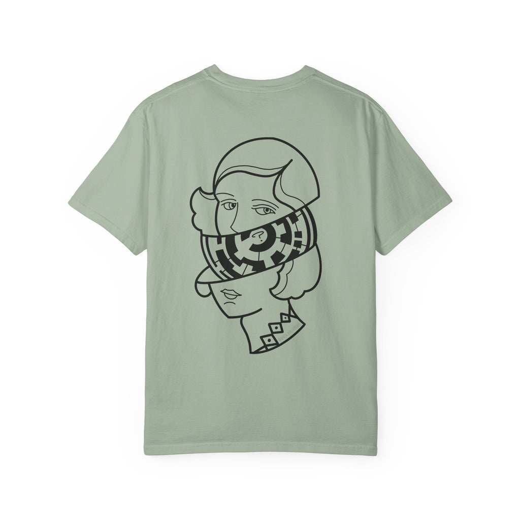 Graphic T-Shirt — Surreal Maze Lady Head Portrait Line Art