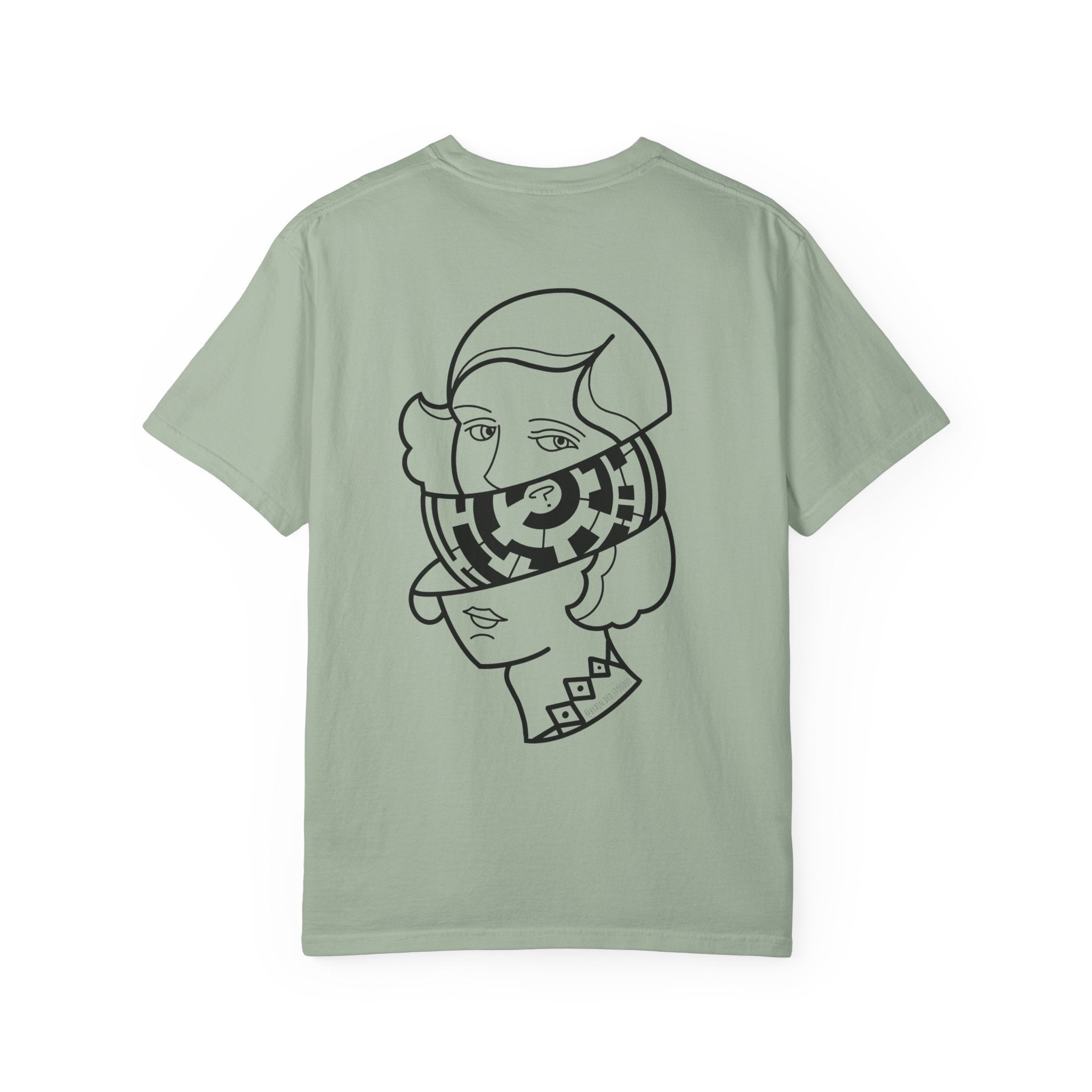 Graphic T-Shirt — Surreal Maze Lady Head Portrait Line Art