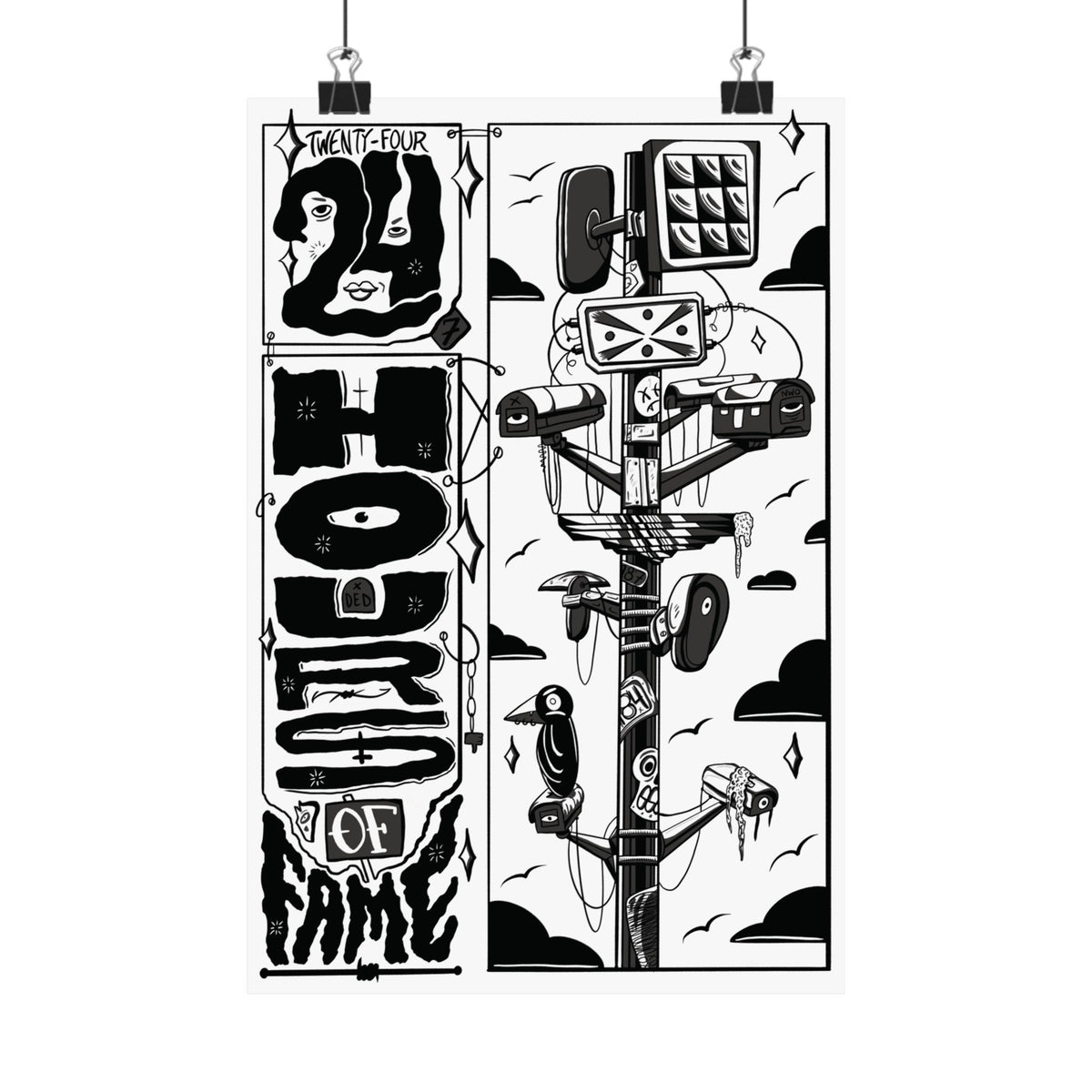 Black & White '24hrs of Fame' Matte Vertical Poster – Retro Telecom Art Print
