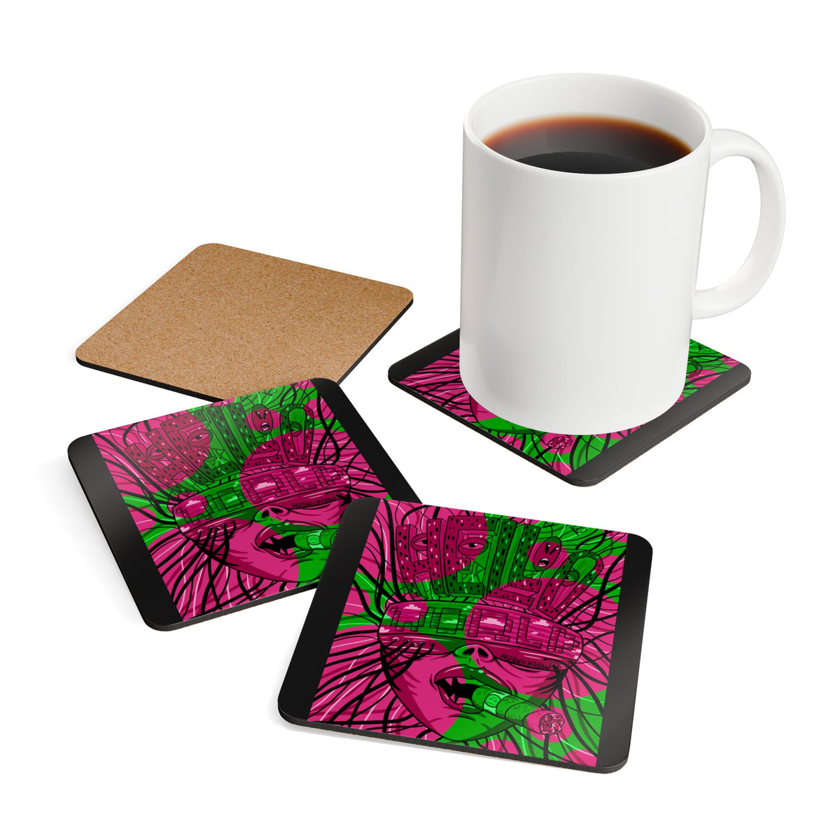 Psychedelic Hello World Coaster Set — Neon Pink & Green Abstract Art