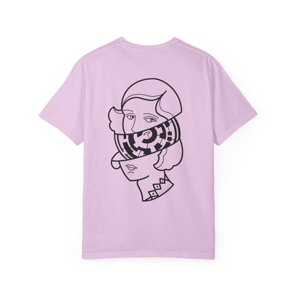 Graphic T-Shirt — Surreal Maze Lady Head Portrait Line Art