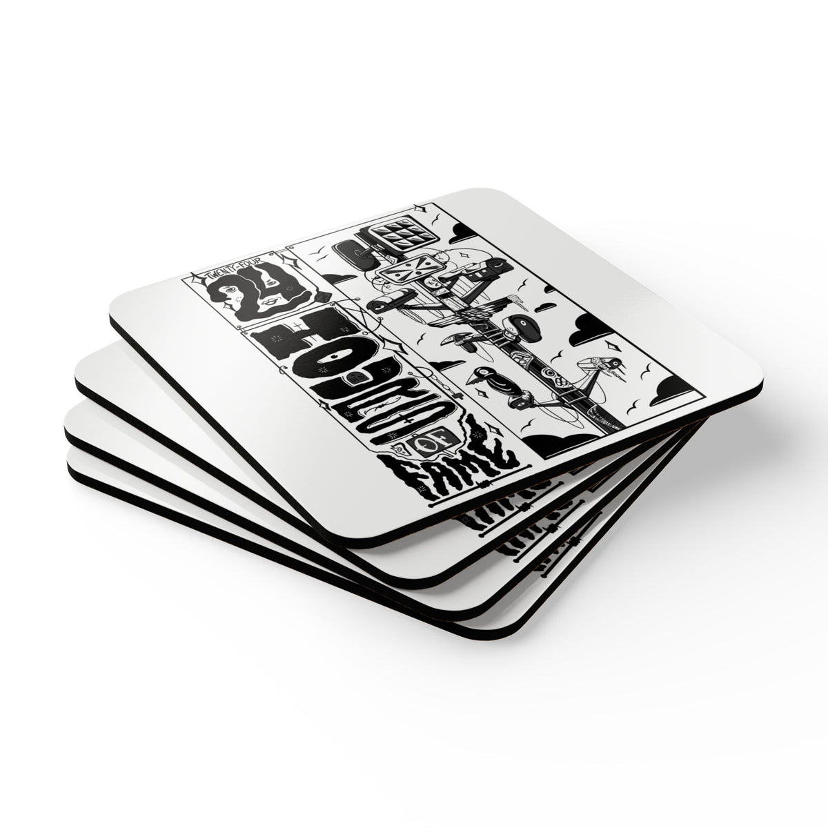 Art Cork Coaster Set — Bold Black & White '24 Hours of Fame' Design