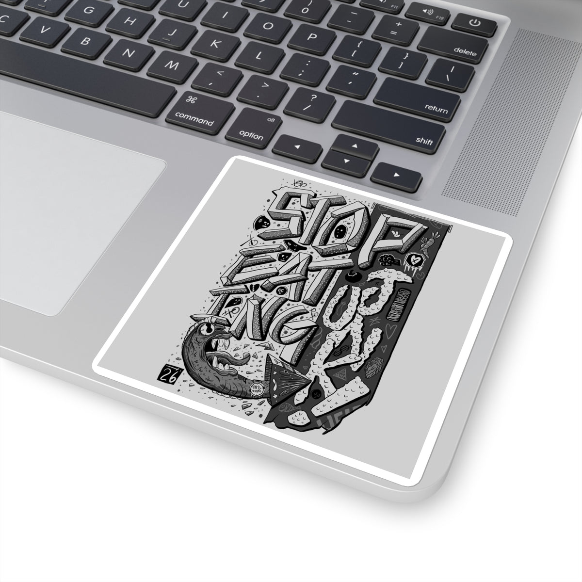Square Sticker — Bold Black & White Graffiti 'Stop Eating Junk' Laptop Decal