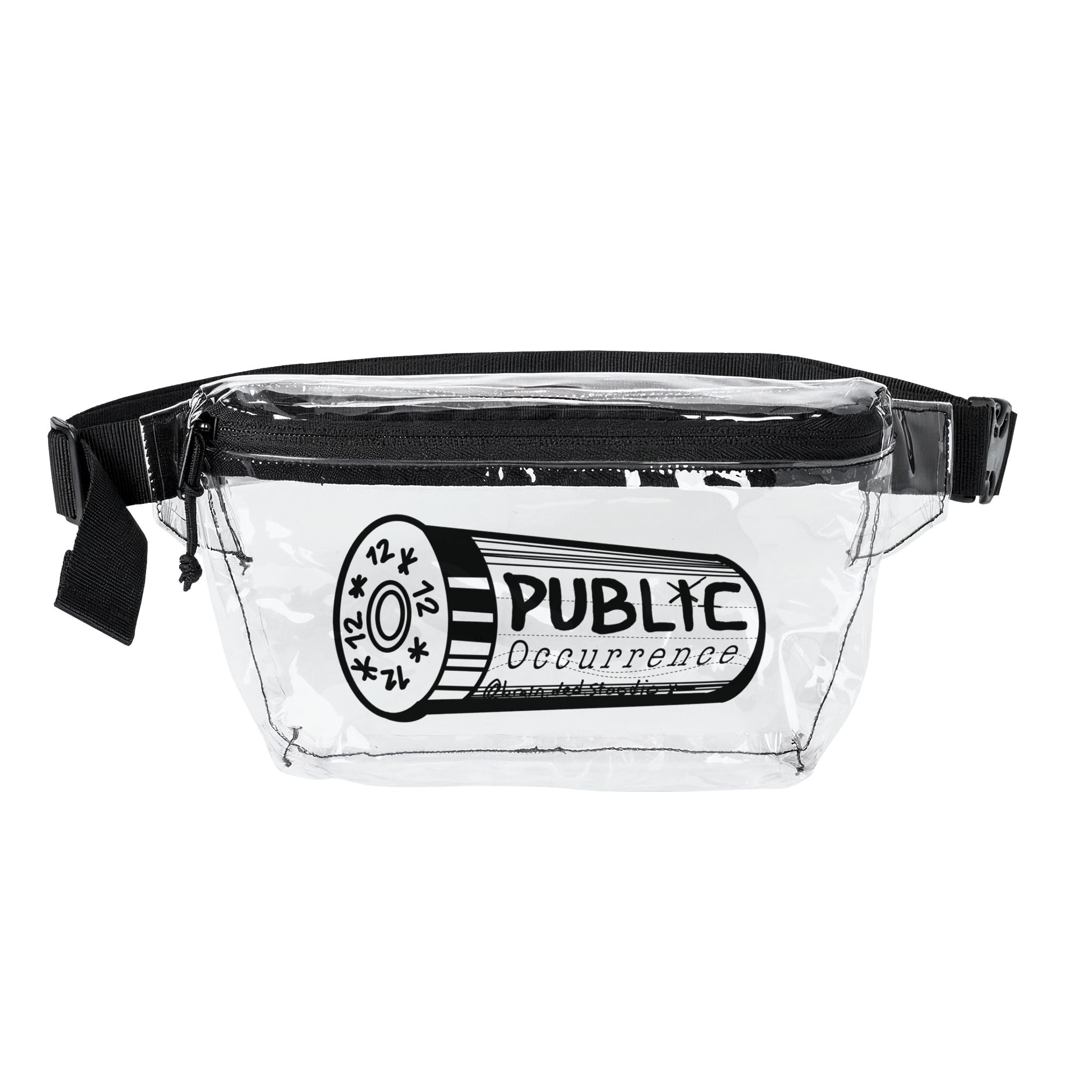 Clear Fanny Pack — 'Public Occurrence' Bullet Graphic Transparent Waist Bag