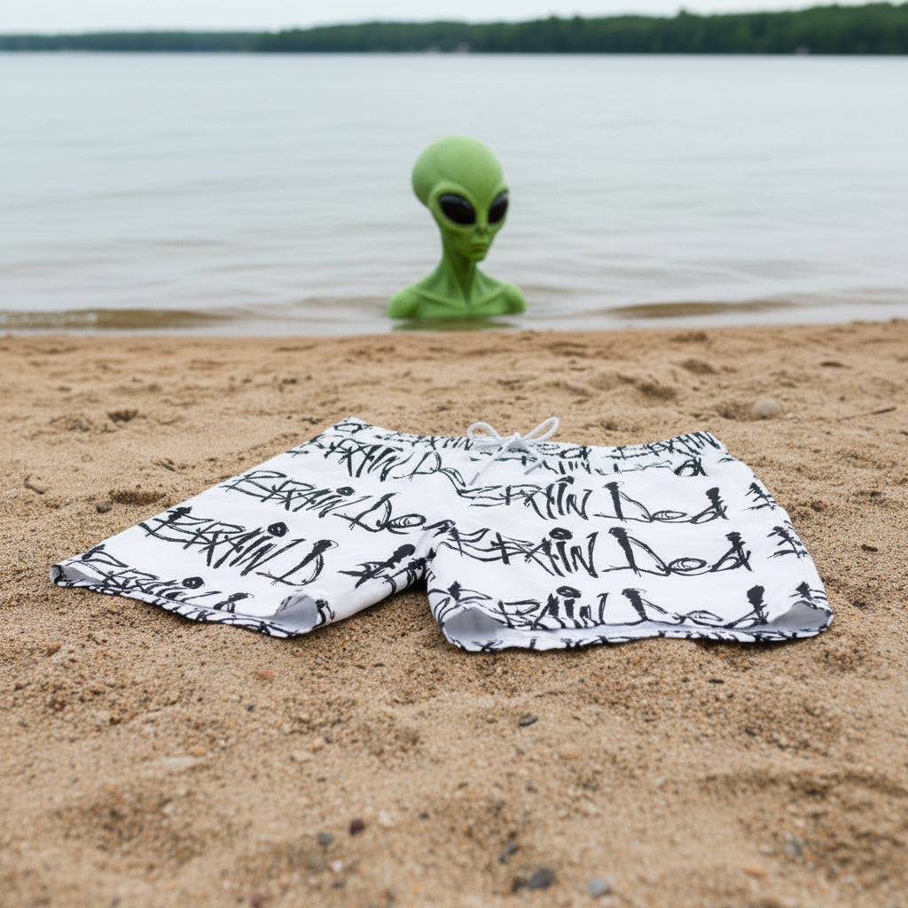 Brain Ded Graffiti Swim Shorts — Men's Mid-Length Printed Beach Trunks
