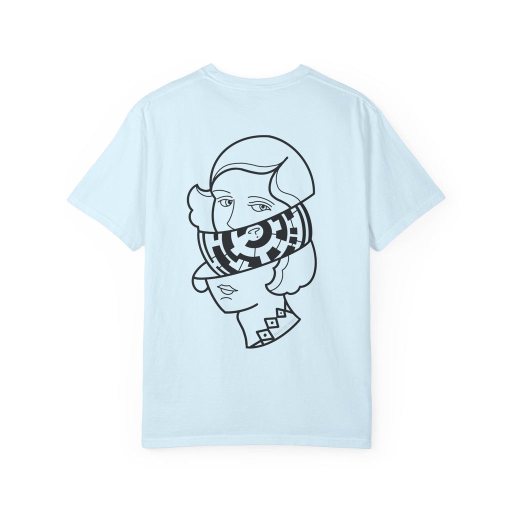 Graphic T-Shirt — Surreal Maze Lady Head Portrait Line Art