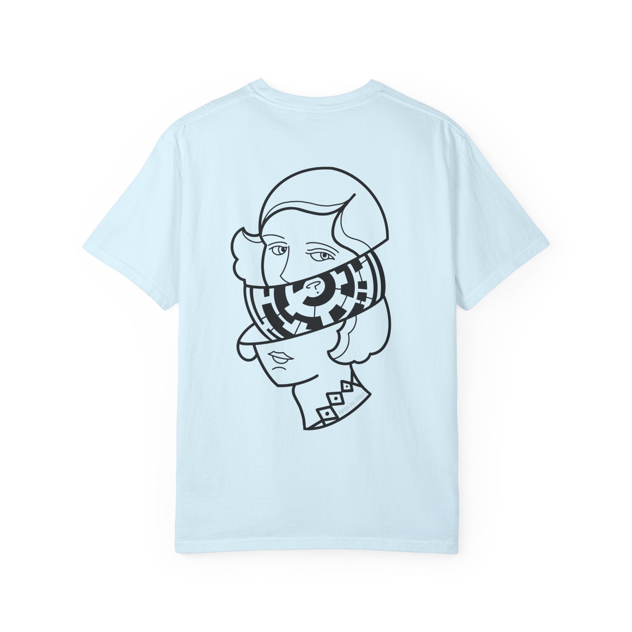 Graphic T-Shirt — Surreal Maze Lady Head Portrait Line Art
