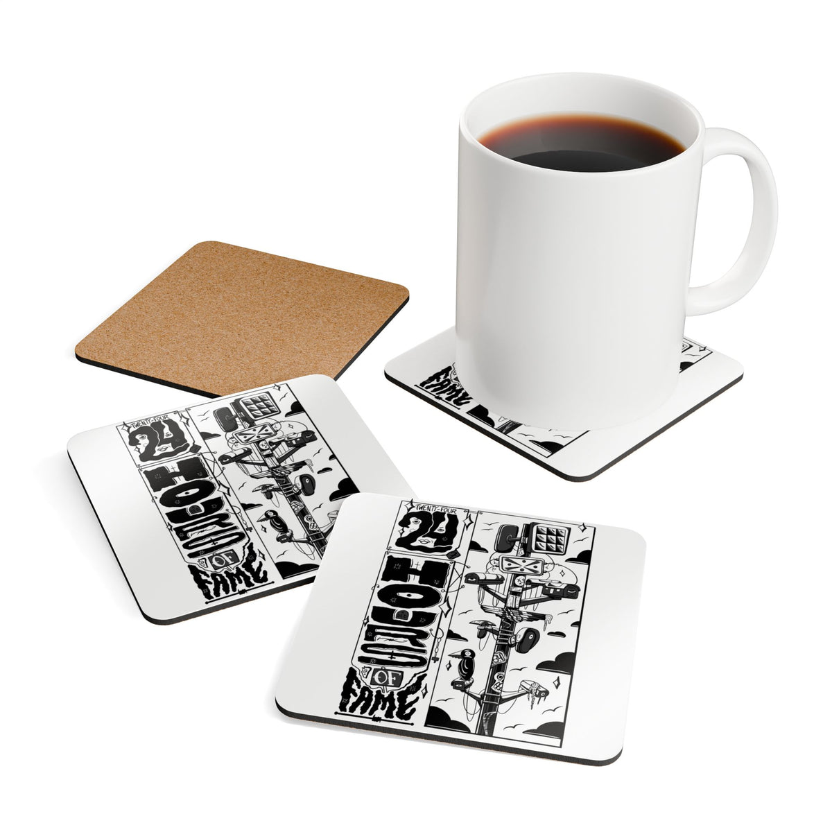 Art Cork Coaster Set — Bold Black & White '24 Hours of Fame' Design