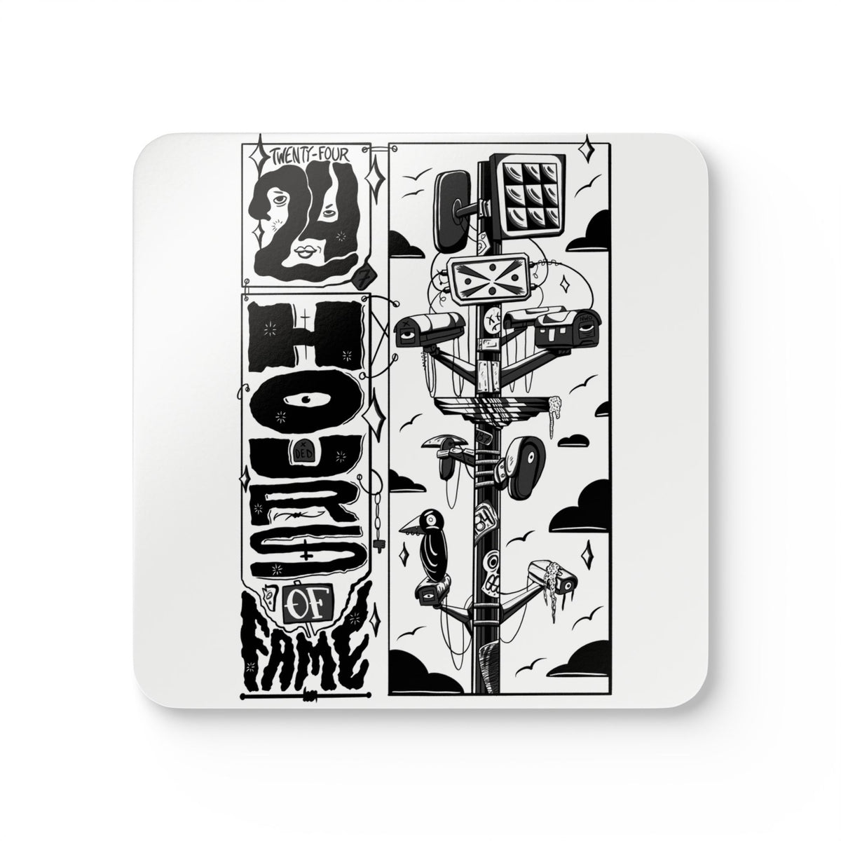 Art Cork Coaster Set — Bold Black & White '24 Hours of Fame' Design