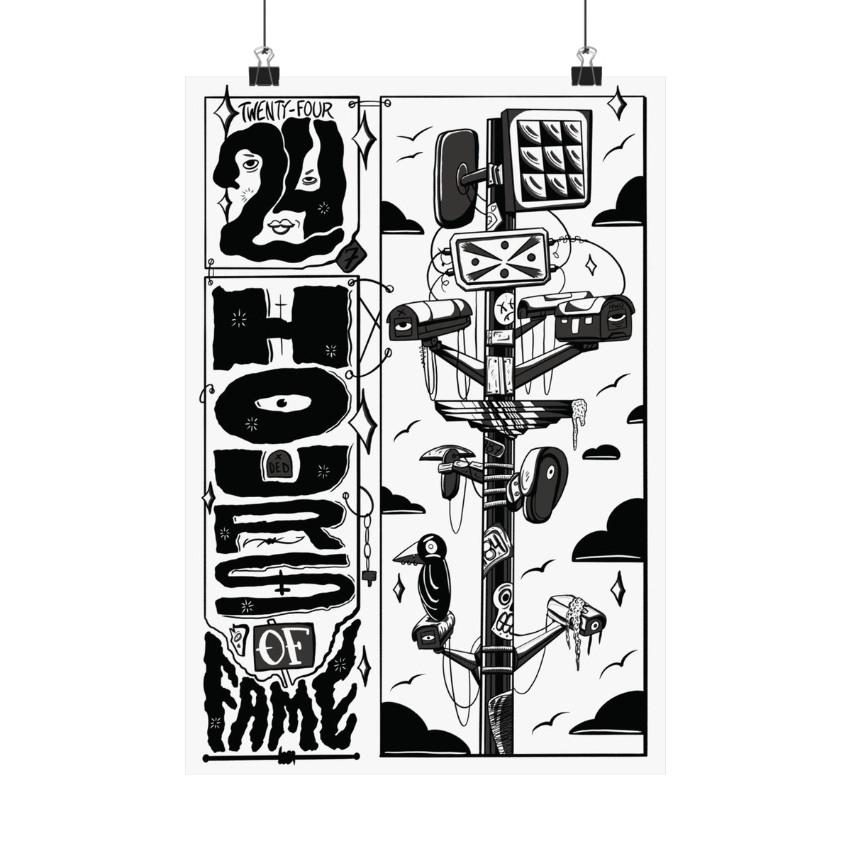 Black & White '24hrs of Fame' Matte Vertical Poster – Retro Telecom Art Print