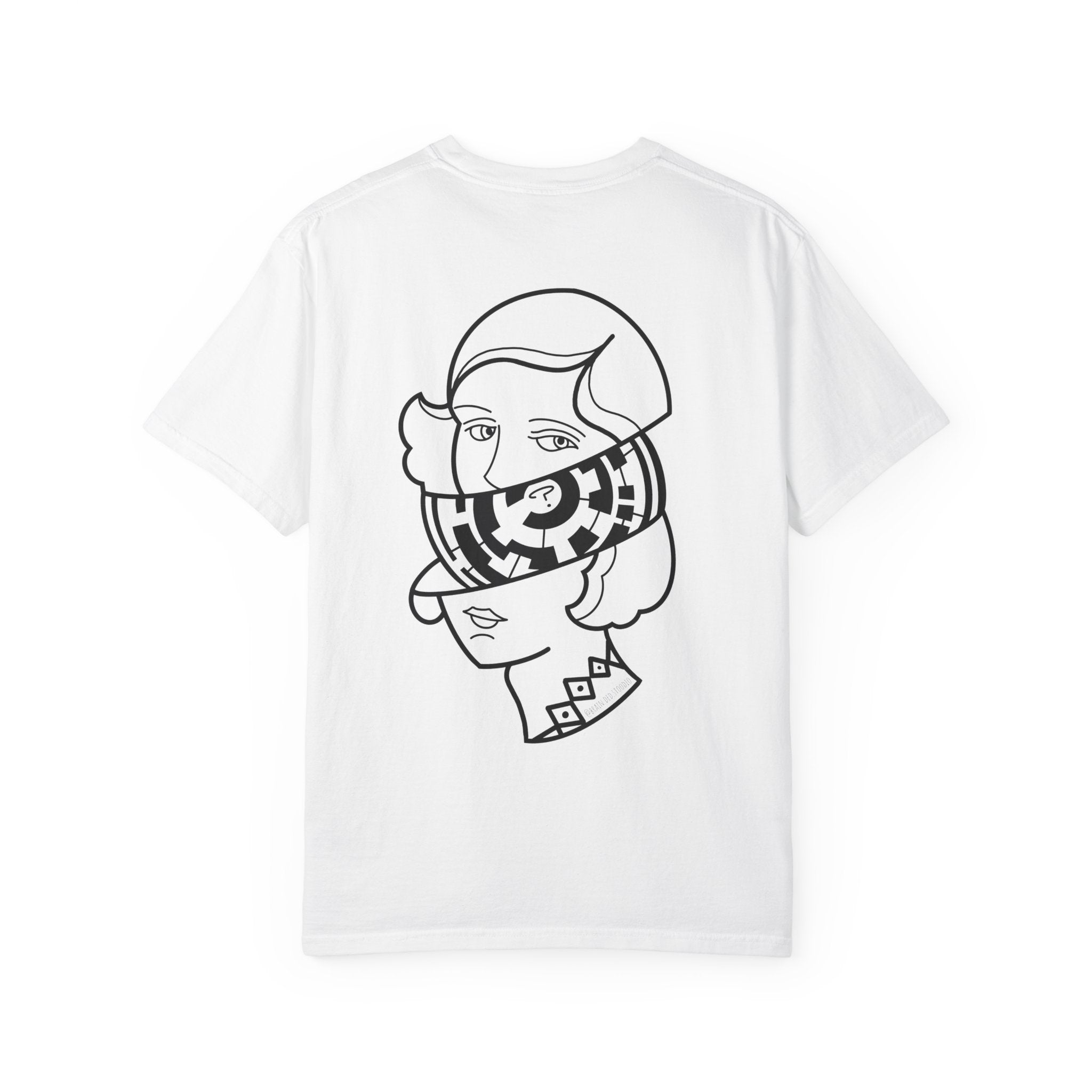 Graphic T-Shirt — Surreal Maze Lady Head Portrait Line Art