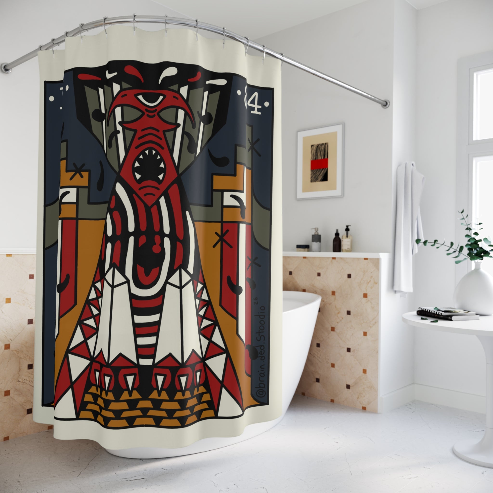 Shower Curtain — 1984 Red Totem Tribal Art Bathroom Curtain