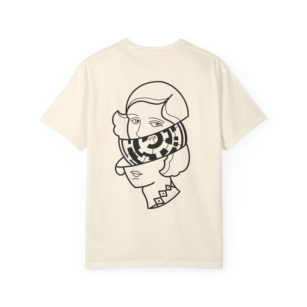 Graphic T-Shirt — Surreal Maze Lady Head Portrait Line Art