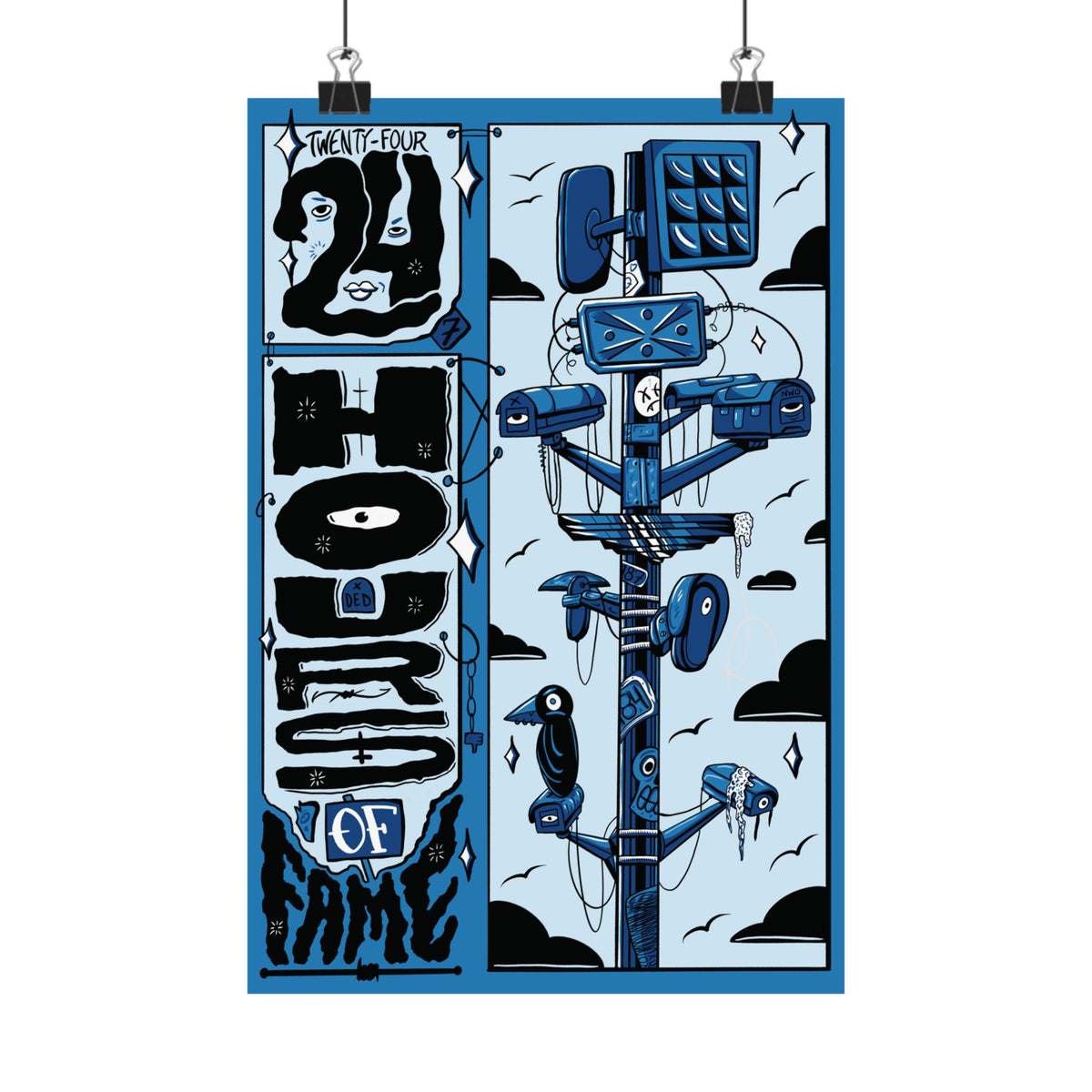 Street Art Poster — '24hrs of Fame' Blue Telecom Pole Matte Print